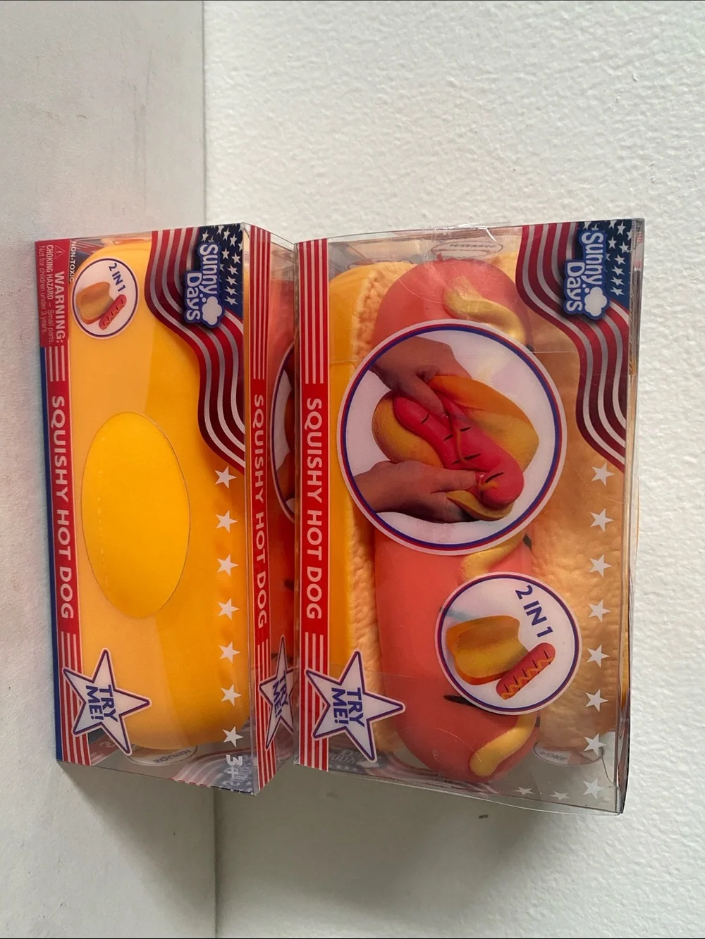SUNNY DAYS Squishy Hot Dog Toy - Yellow & Orange brand new never open